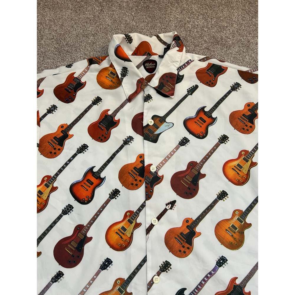 Gibson Button Down Shirt Mens XXL White Guitar Print Excellent Tour Wear SG LP